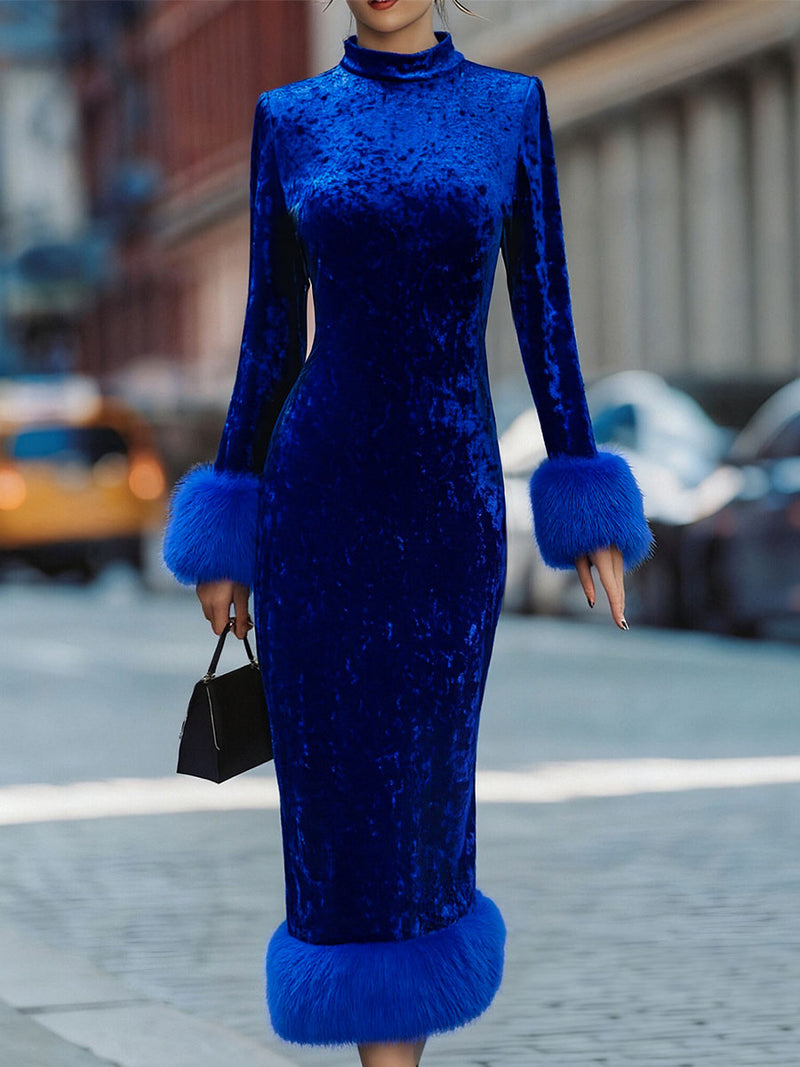 Feather Trim Velvet Dress for Women