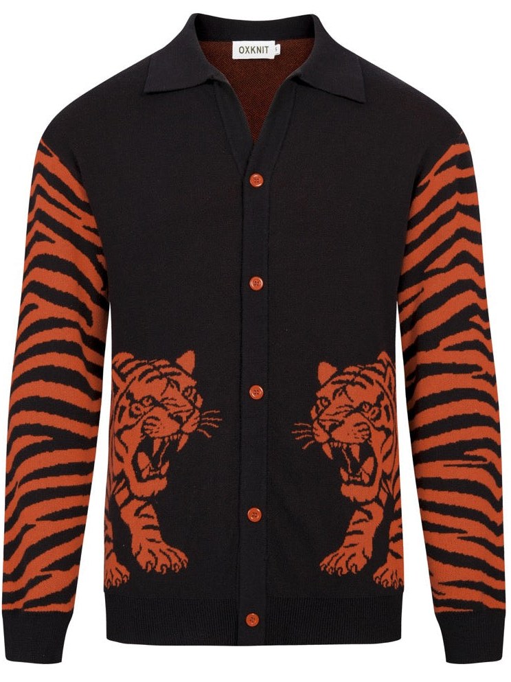 Tiger Jacquard Polo Cardigan for Men
