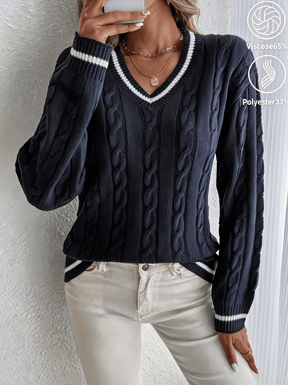 Striped Trim Cable Knit Sweater for Women