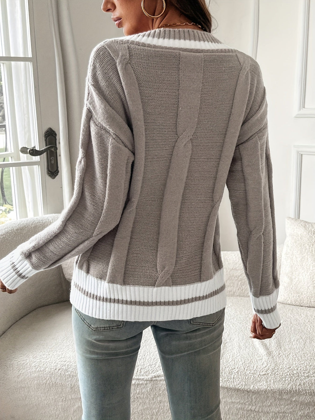 Mixed Color Cable Knit Sweater for Women