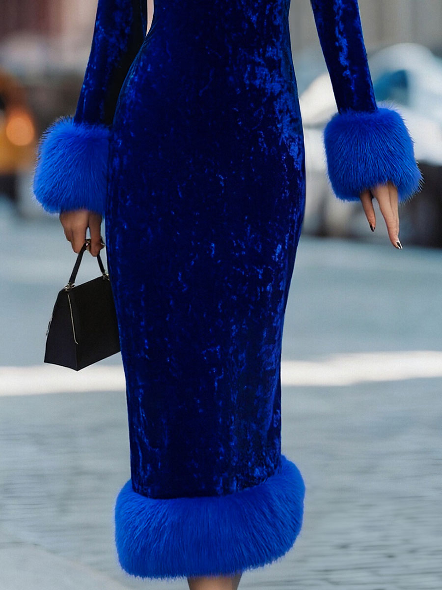 Feather Trim Velvet Dress for Women