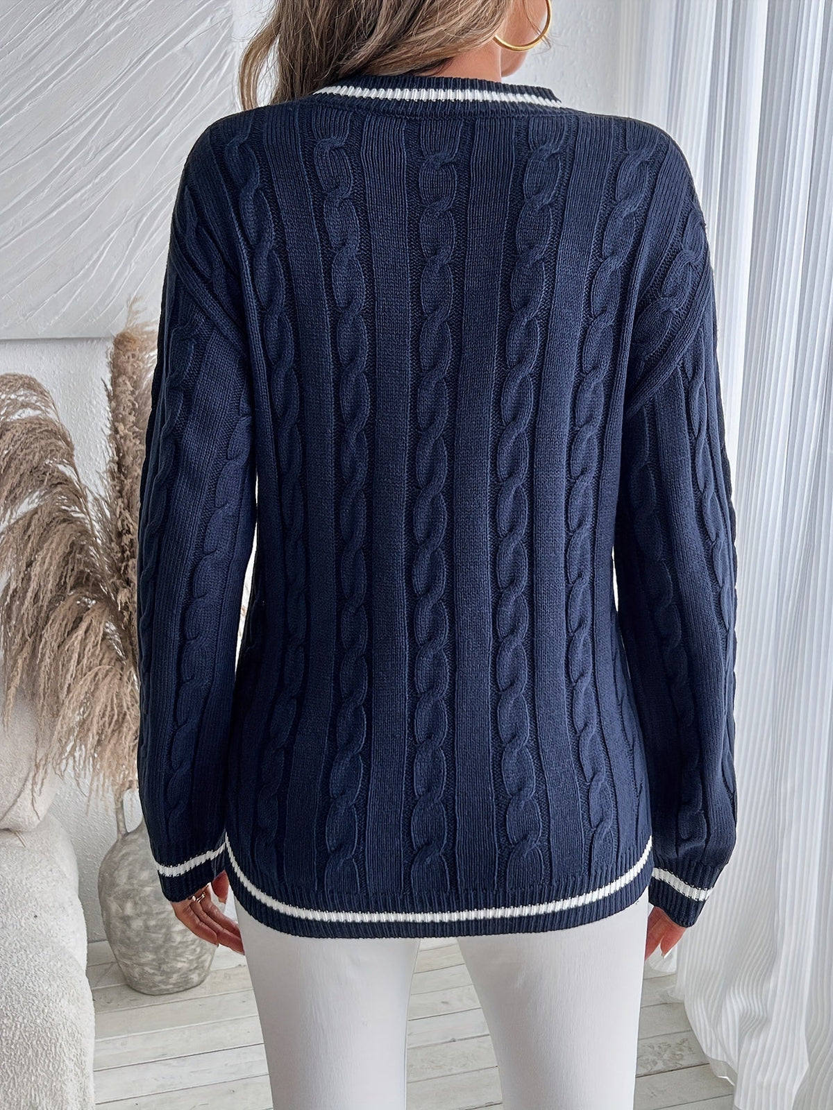 Striped Trim Cable Knit Sweater for Women