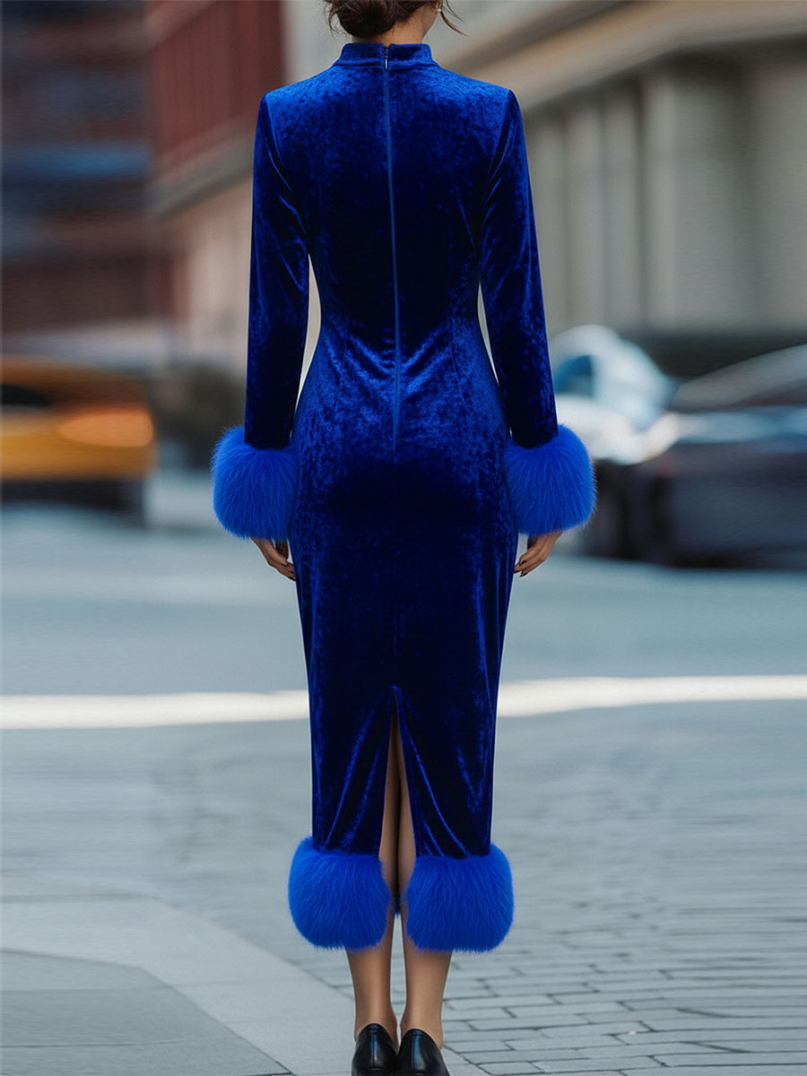 Feather Trim Velvet Dress for Women