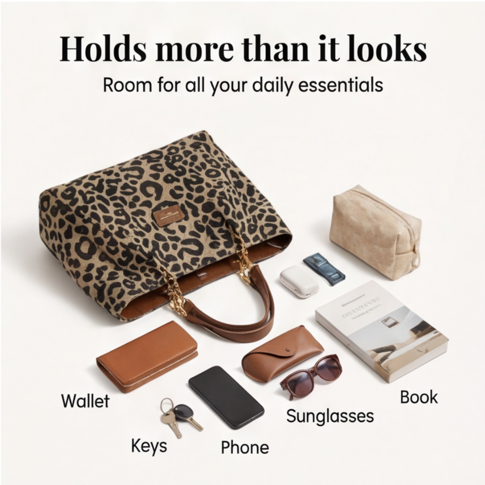 Leopard Print Tote with Chain Detail for Women