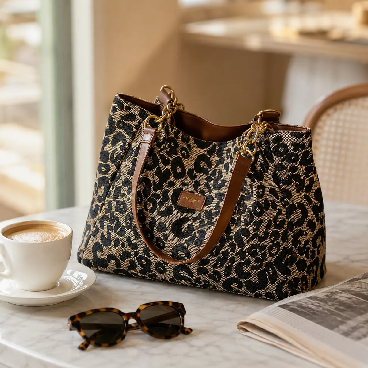 Woven Leopard Print Tote for Women