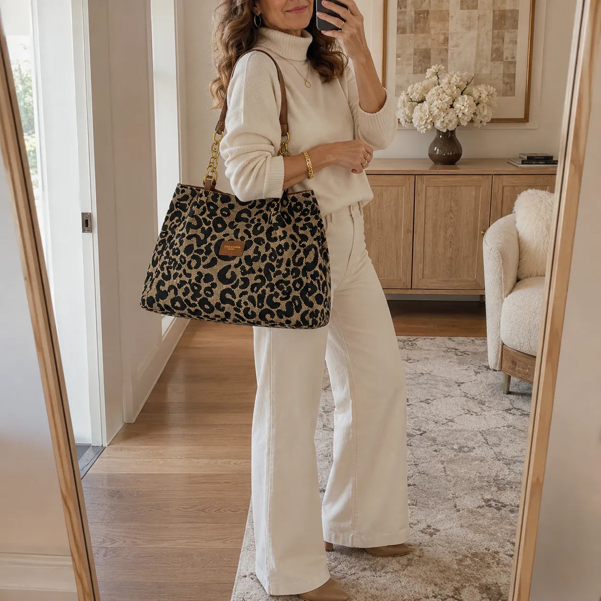 Woven Leopard Print Tote for Women