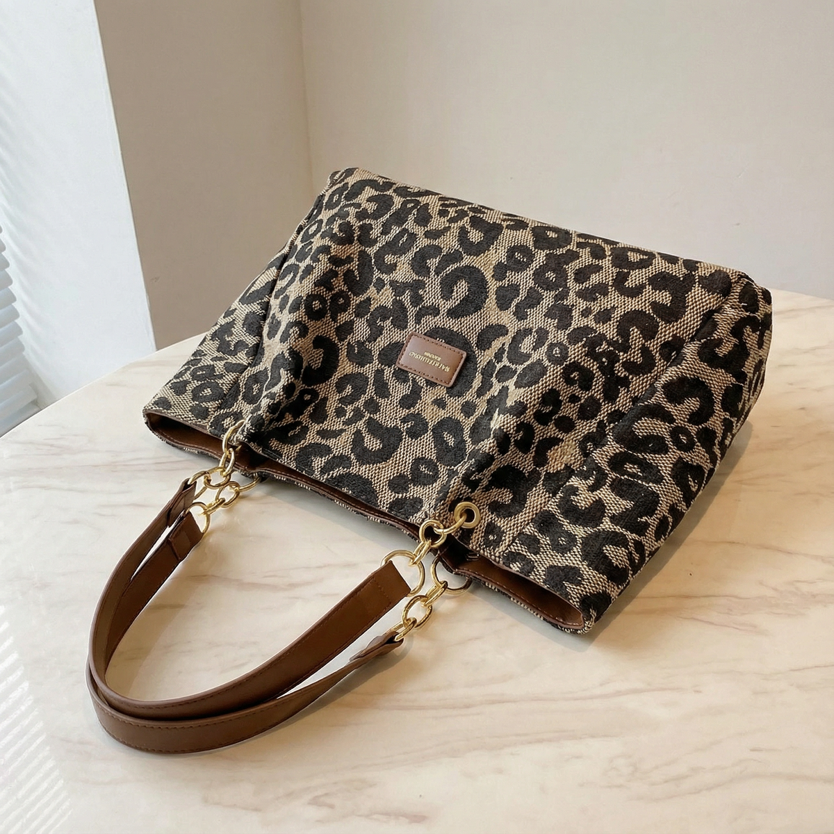 Leopard Print Tote with Chain Detail for Women