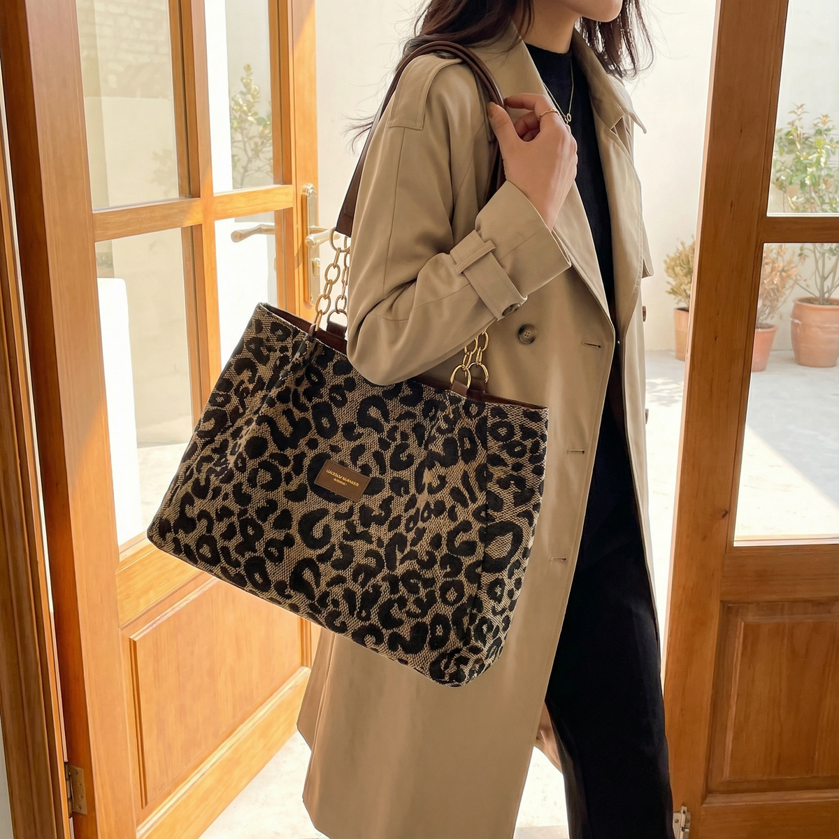 Leopard Print Tote with Chain Detail for Women