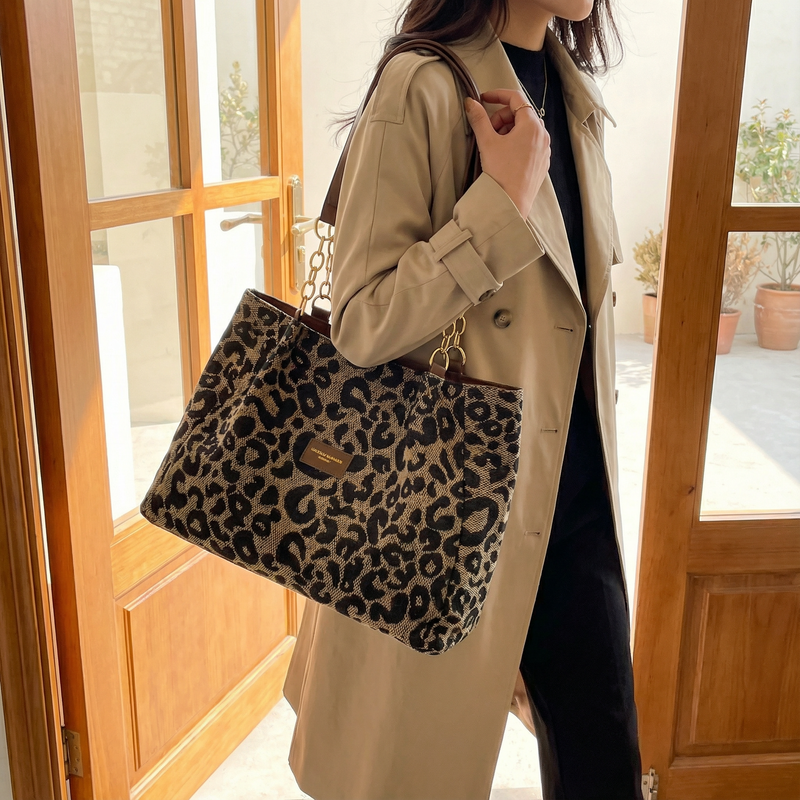 Leopard Print Tote with Chain Detail for Women
