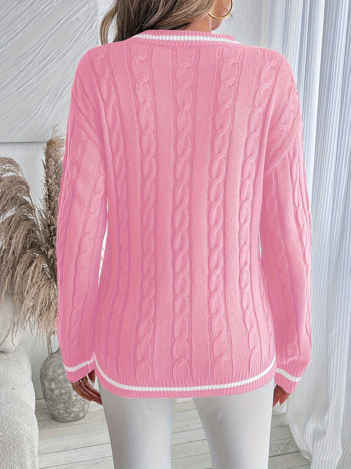 Striped Trim Cable Knit Sweater for Women