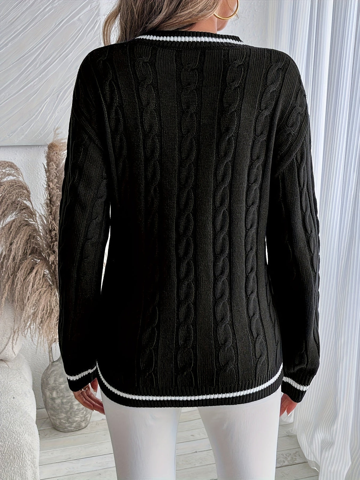 Striped Trim Cable Knit Sweater for Women