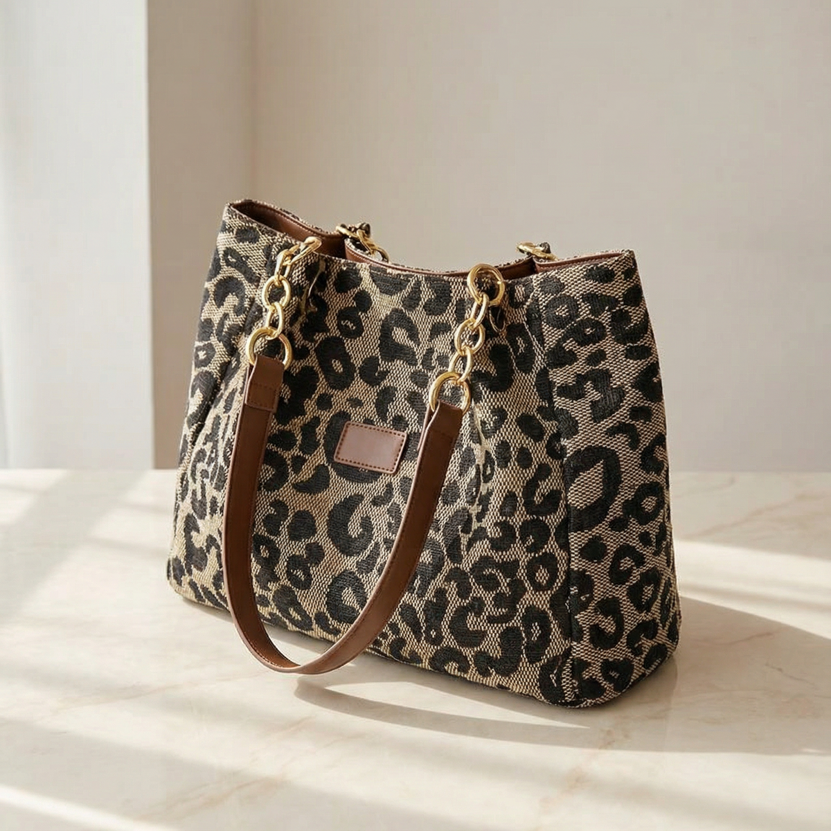Leopard Print Tote with Chain Detail for Women
