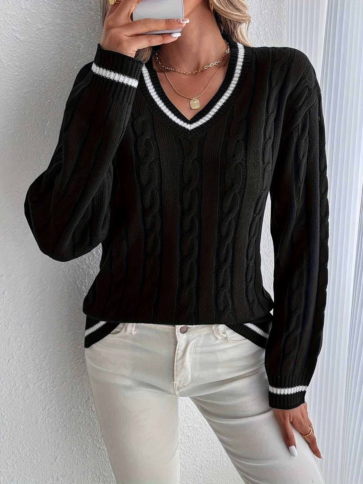 Striped Trim Cable Knit Sweater for Women
