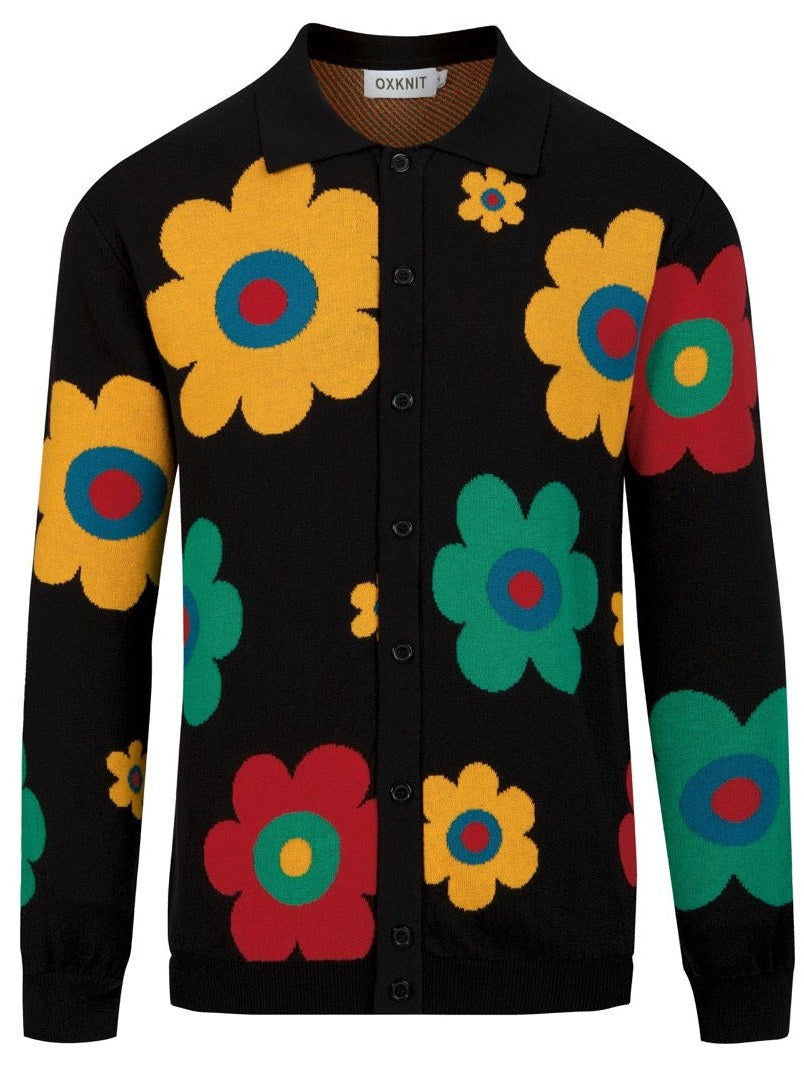 Floral Jacquard Polo Cardigan for Men
