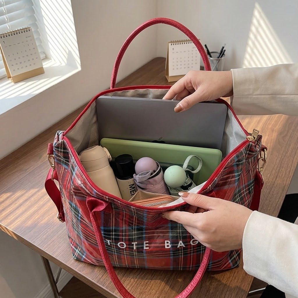Glossy Checkered Tote for Women