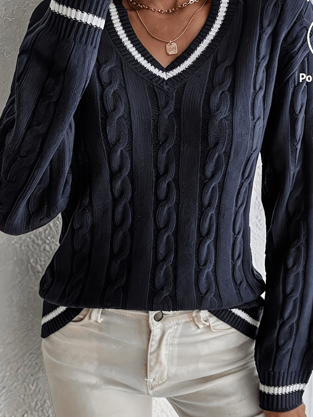Striped Trim Cable Knit Sweater for Women