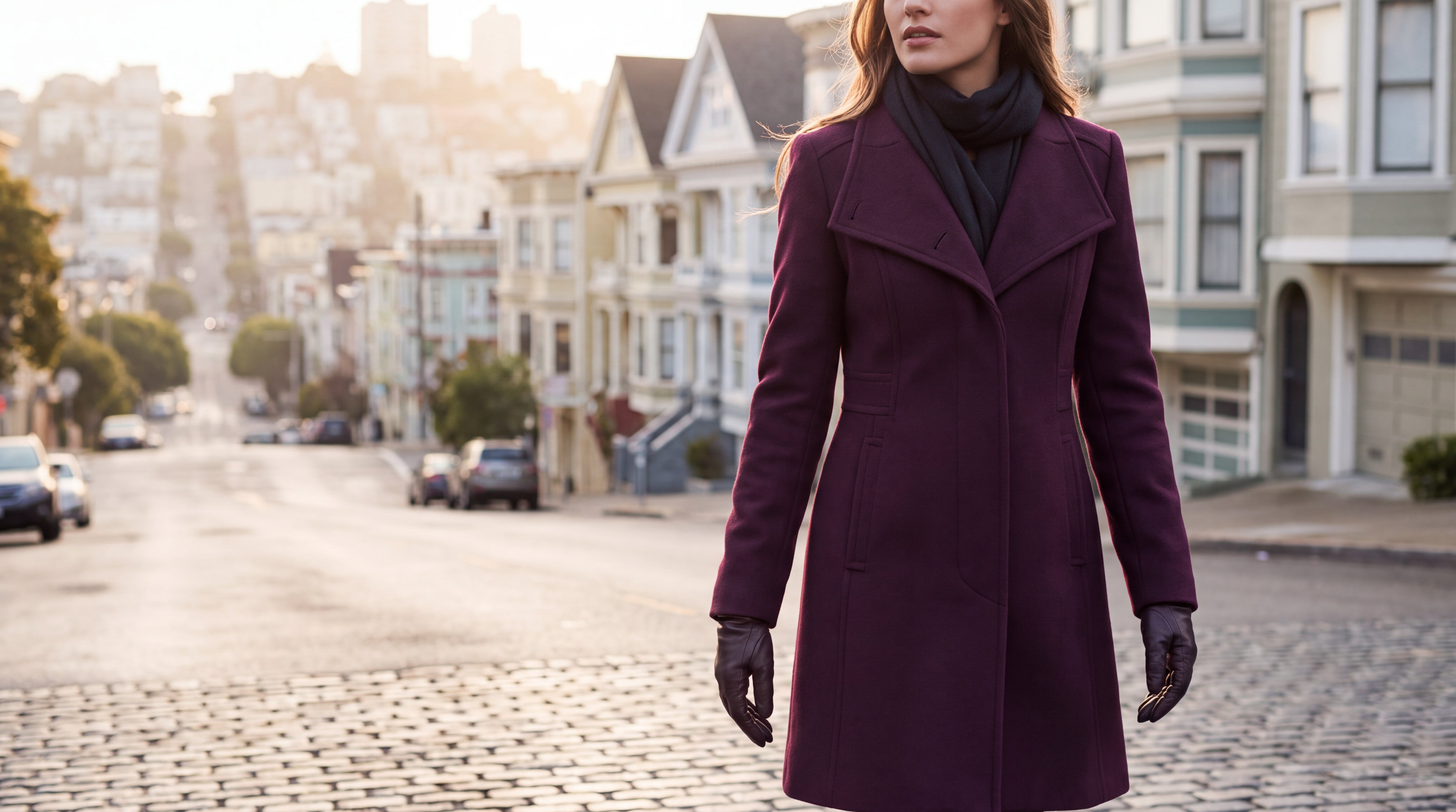 A woman in an elegant plum coat walking on a San Francisco street on an autumn afternoon